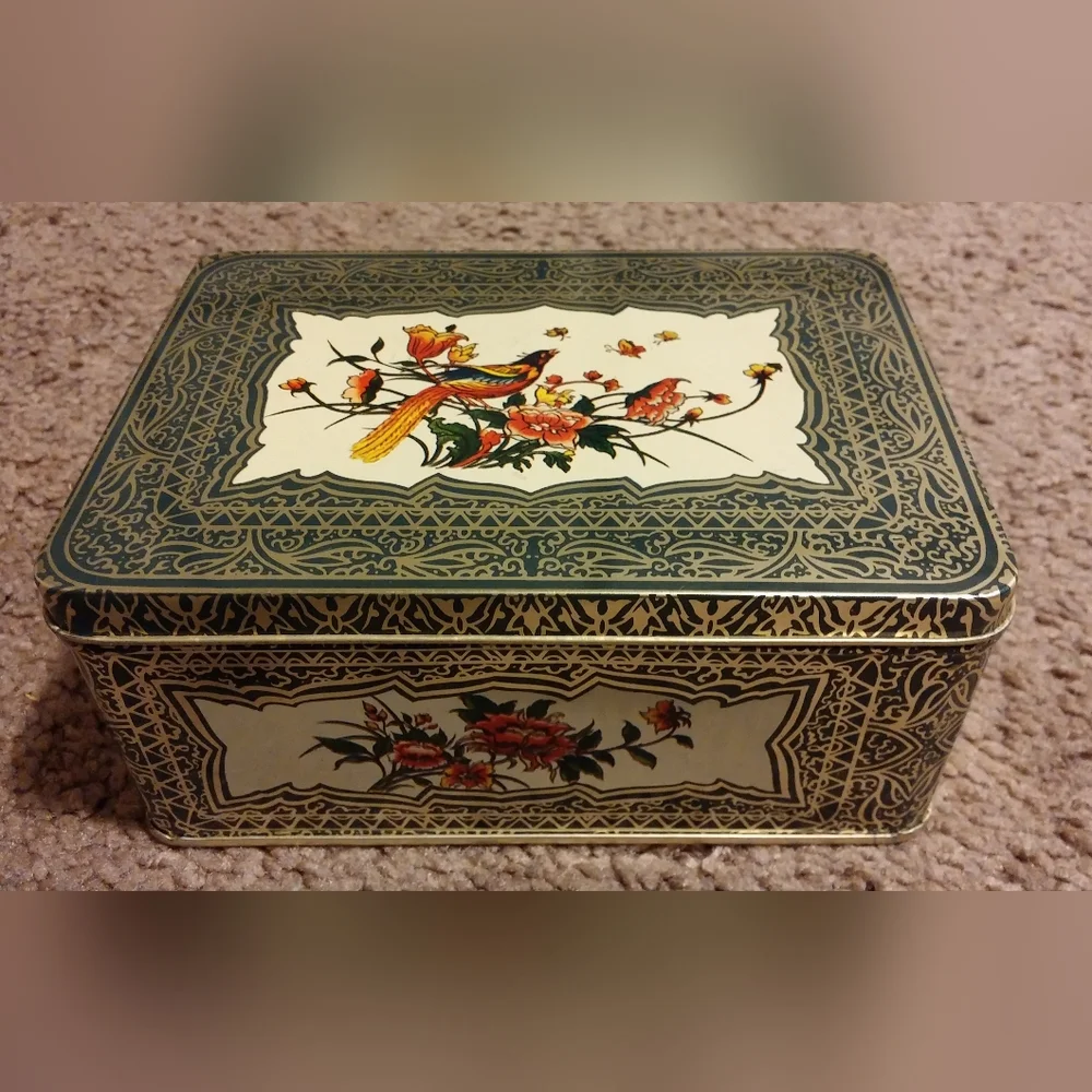 Vintage Tin Decorative Tin Bird Motif Floral Pattern Hong Kong